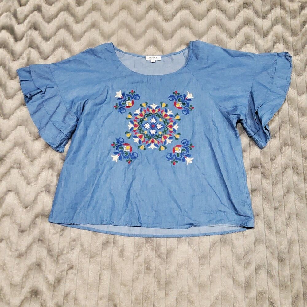 Umgee Womens S Blue Chambray Embroidered Short Bell Sleeve Shirt